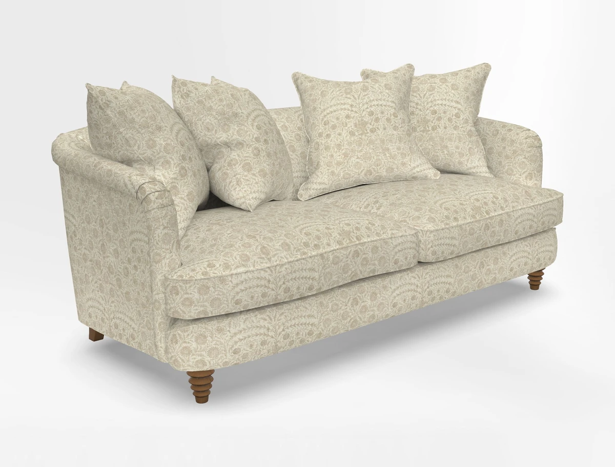 Helmsley 3 Seater Sofa in Mohair Velvet Fir Green with Seat and Back Cushions in RHS Collection Trailing Vine Olive and Small Trailing Ivy Olive