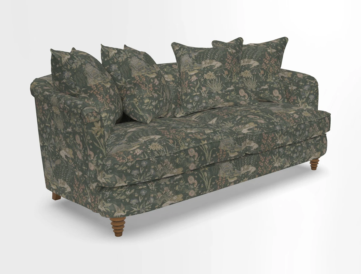 Helmsley 3 Seater Sofa in Mohair Velvet Fir Green with Seat and Back Cushions in RHS Collection Trailing Vine Olive and Small Trailing Ivy Olive