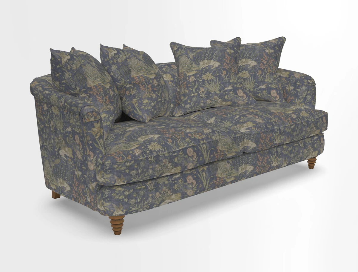 Helmsley 3 Seater Sofa in Mohair Velvet Fir Green with Seat and Back Cushions in RHS Collection Trailing Vine Olive and Small Trailing Ivy Olive