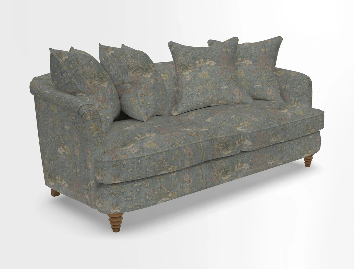 Helmsley 3 Seater Sofa in Mohair Velvet Fir Green with Seat and Back Cushions in RHS Collection Trailing Vine Olive and Small Trailing Ivy Olive