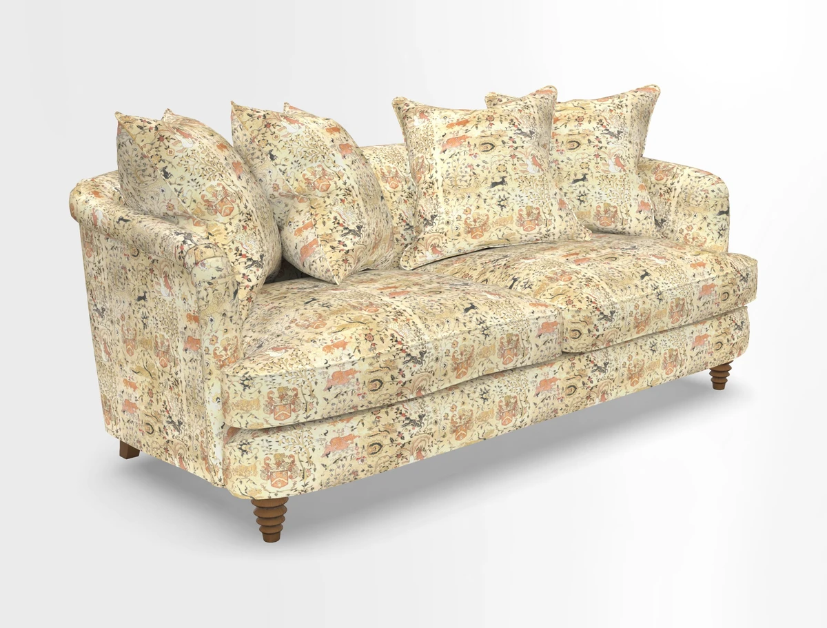 Helmsley 3 Seater Sofa in Mohair Velvet Fir Green with Seat and Back Cushions in RHS Collection Trailing Vine Olive and Small Trailing Ivy Olive