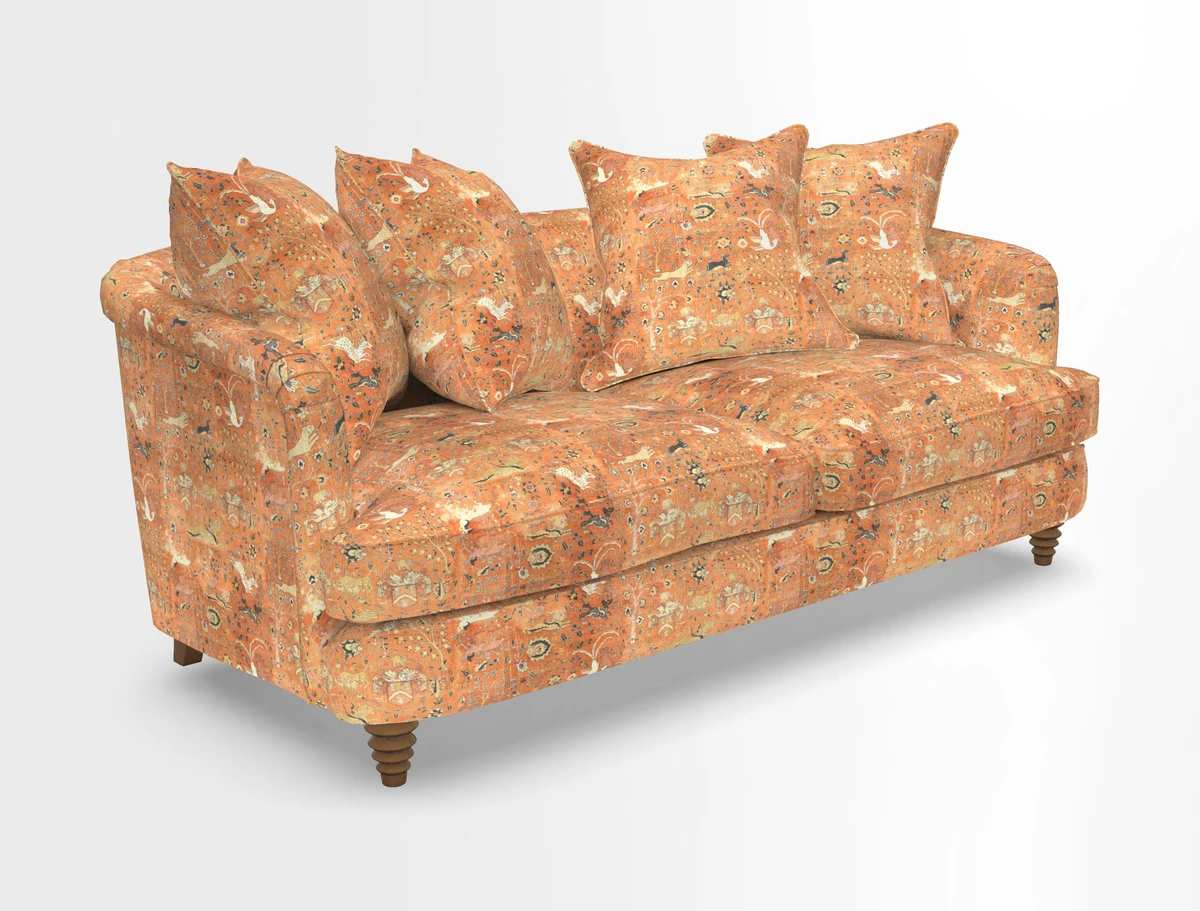 Helmsley 3 Seater Sofa in Mohair Velvet Fir Green with Seat and Back Cushions in RHS Collection Trailing Vine Olive and Small Trailing Ivy Olive