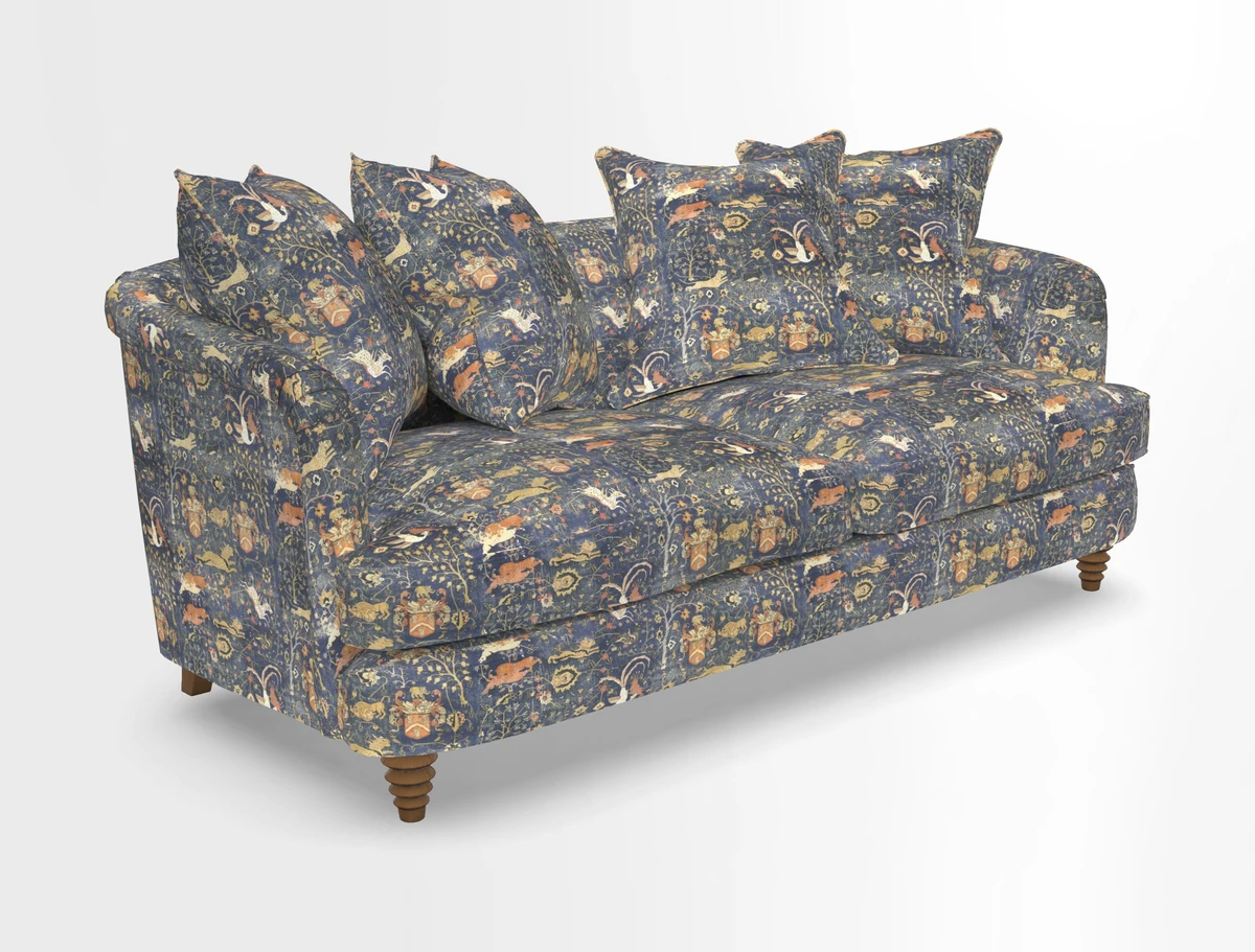 Helmsley 3 Seater Sofa in Mohair Velvet Fir Green with Seat and Back Cushions in RHS Collection Trailing Vine Olive and Small Trailing Ivy Olive