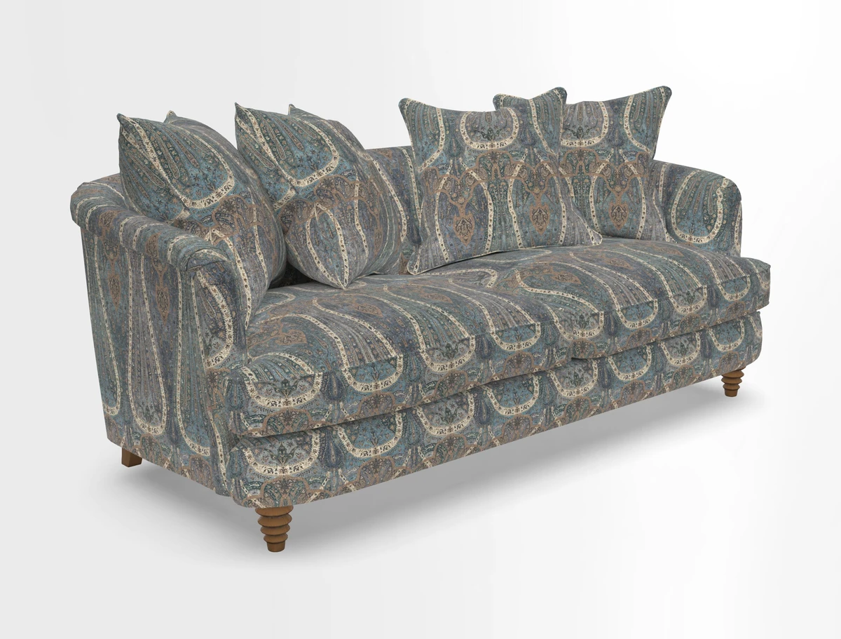 Helmsley 3 Seater Sofa in Mohair Velvet Fir Green with Seat and Back Cushions in RHS Collection Trailing Vine Olive and Small Trailing Ivy Olive
