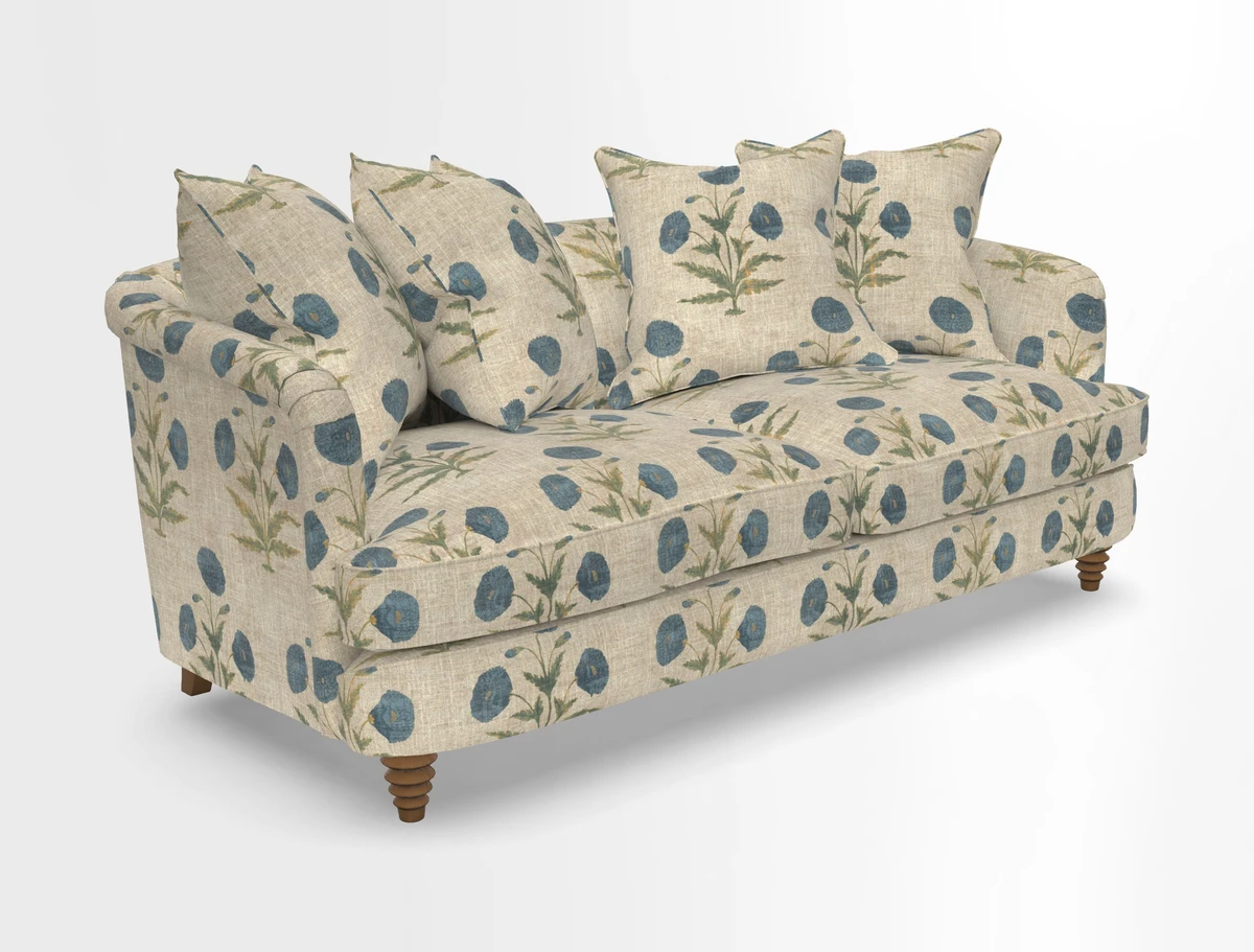 Helmsley 3 Seater Sofa in Mohair Velvet Fir Green with Seat and Back Cushions in RHS Collection Trailing Vine Olive and Small Trailing Ivy Olive
