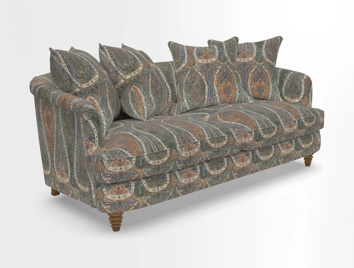 Helmsley 3 Seater Sofa in Mohair Velvet Fir Green with Seat and Back Cushions in RHS Collection Trailing Vine Olive and Small Trailing Ivy Olive