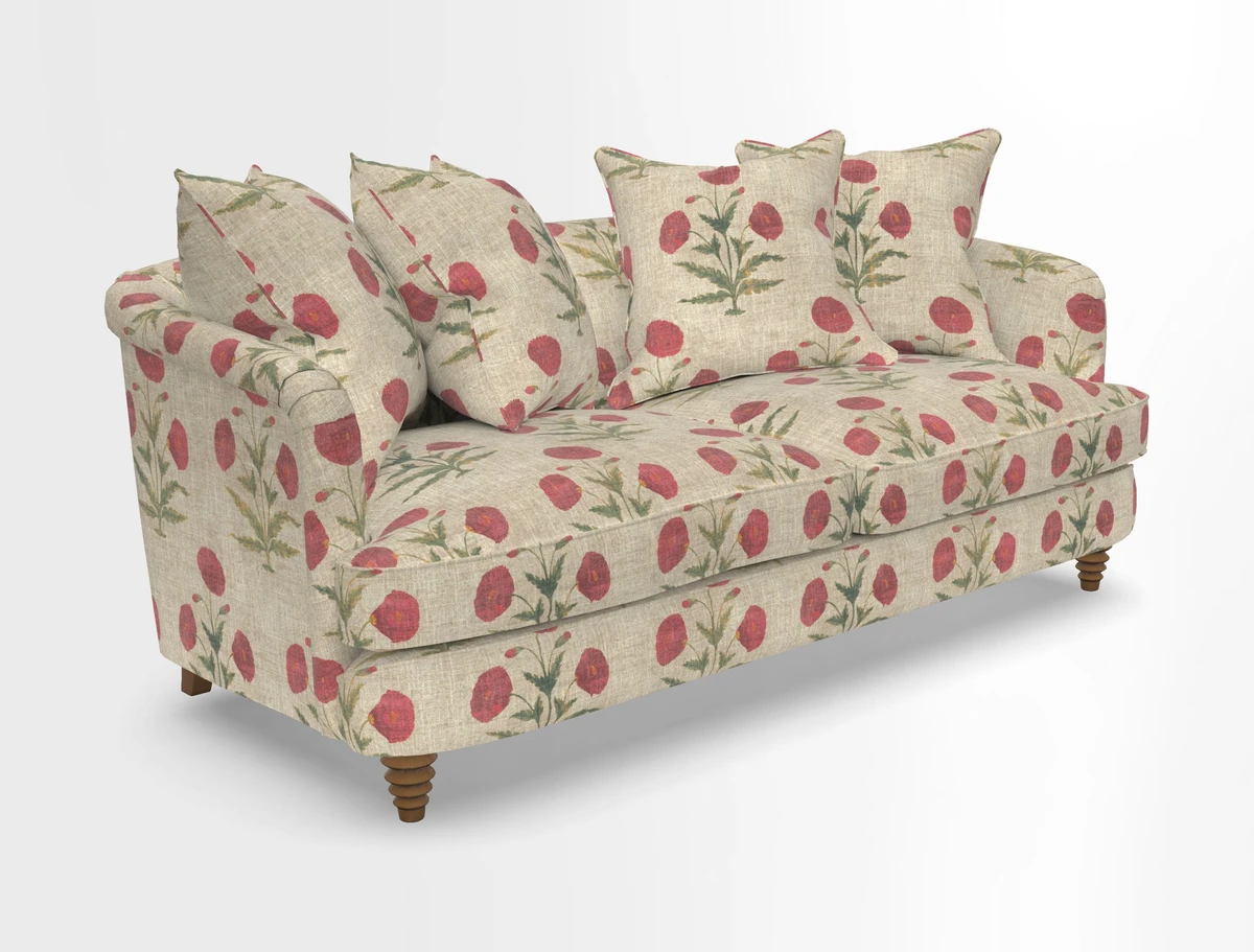 Helmsley 3 Seater Sofa in Mohair Velvet Fir Green with Seat and Back Cushions in RHS Collection Trailing Vine Olive and Small Trailing Ivy Olive
