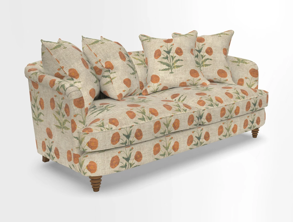 Helmsley 3 Seater Sofa in Mohair Velvet Fir Green with Seat and Back Cushions in RHS Collection Trailing Vine Olive and Small Trailing Ivy Olive