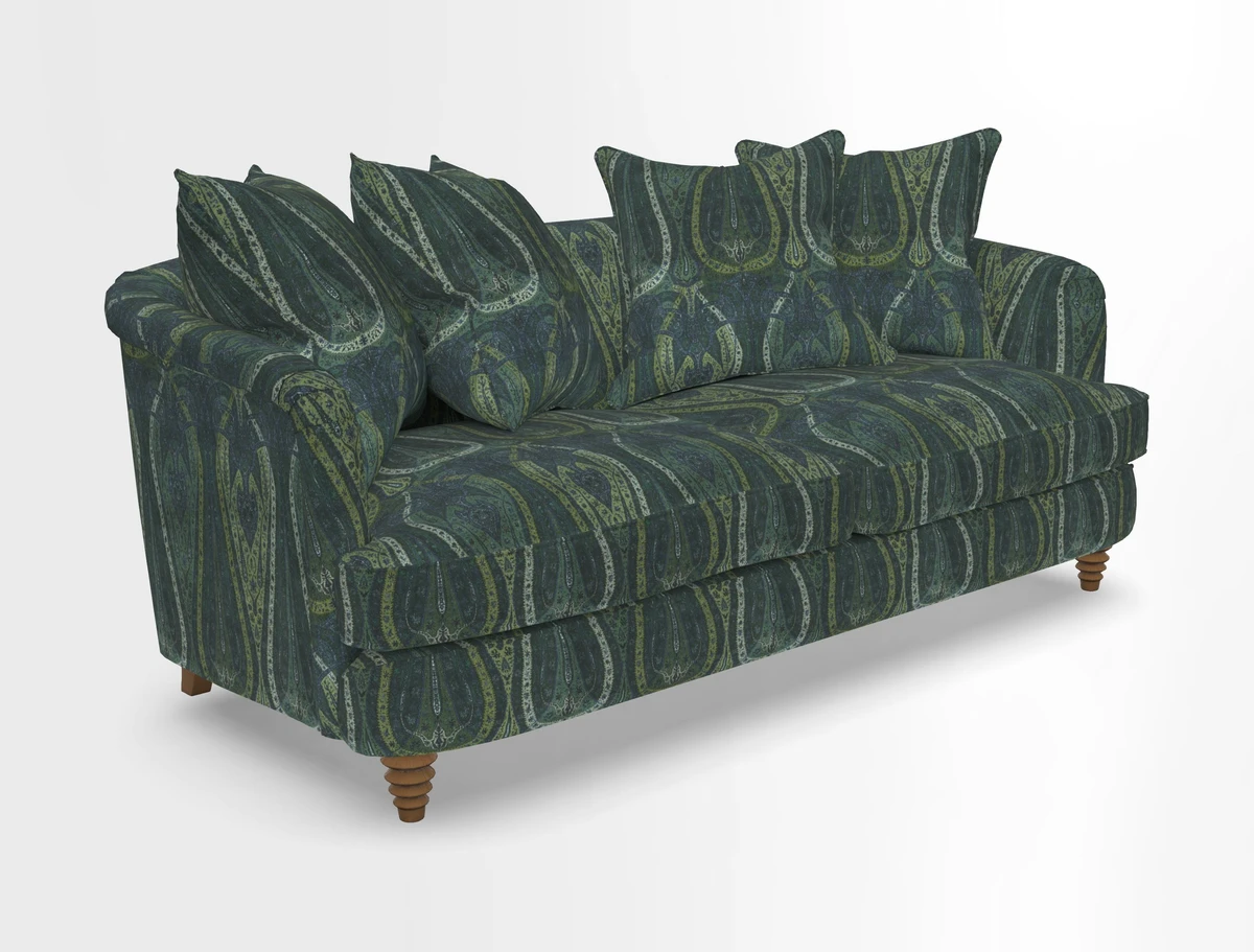 Helmsley 3 Seater Sofa in Mohair Velvet Fir Green with Seat and Back Cushions in RHS Collection Trailing Vine Olive and Small Trailing Ivy Olive