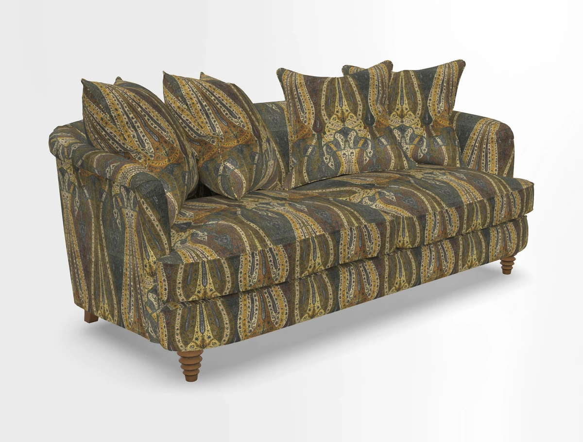 Helmsley 3 Seater Sofa in Mohair Velvet Fir Green with Seat and Back Cushions in RHS Collection Trailing Vine Olive and Small Trailing Ivy Olive