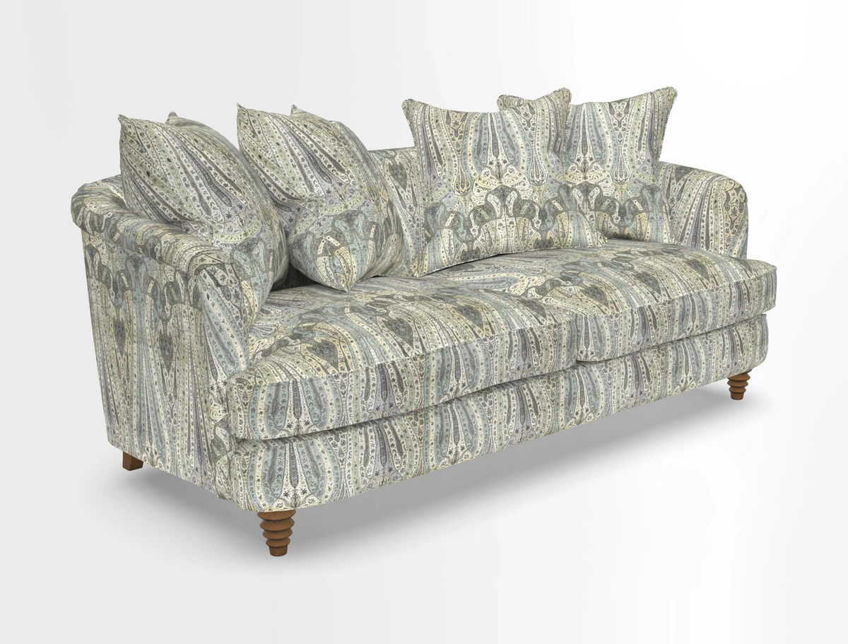 Helmsley 3 Seater Sofa in Mohair Velvet Fir Green with Seat and Back Cushions in RHS Collection Trailing Vine Olive and Small Trailing Ivy Olive