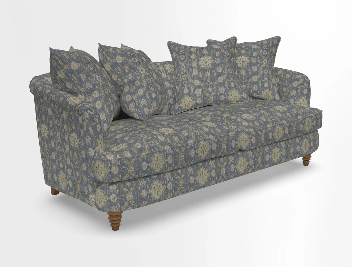 Helmsley 3 Seater Sofa in Mohair Velvet Fir Green with Seat and Back Cushions in RHS Collection Trailing Vine Olive and Small Trailing Ivy Olive
