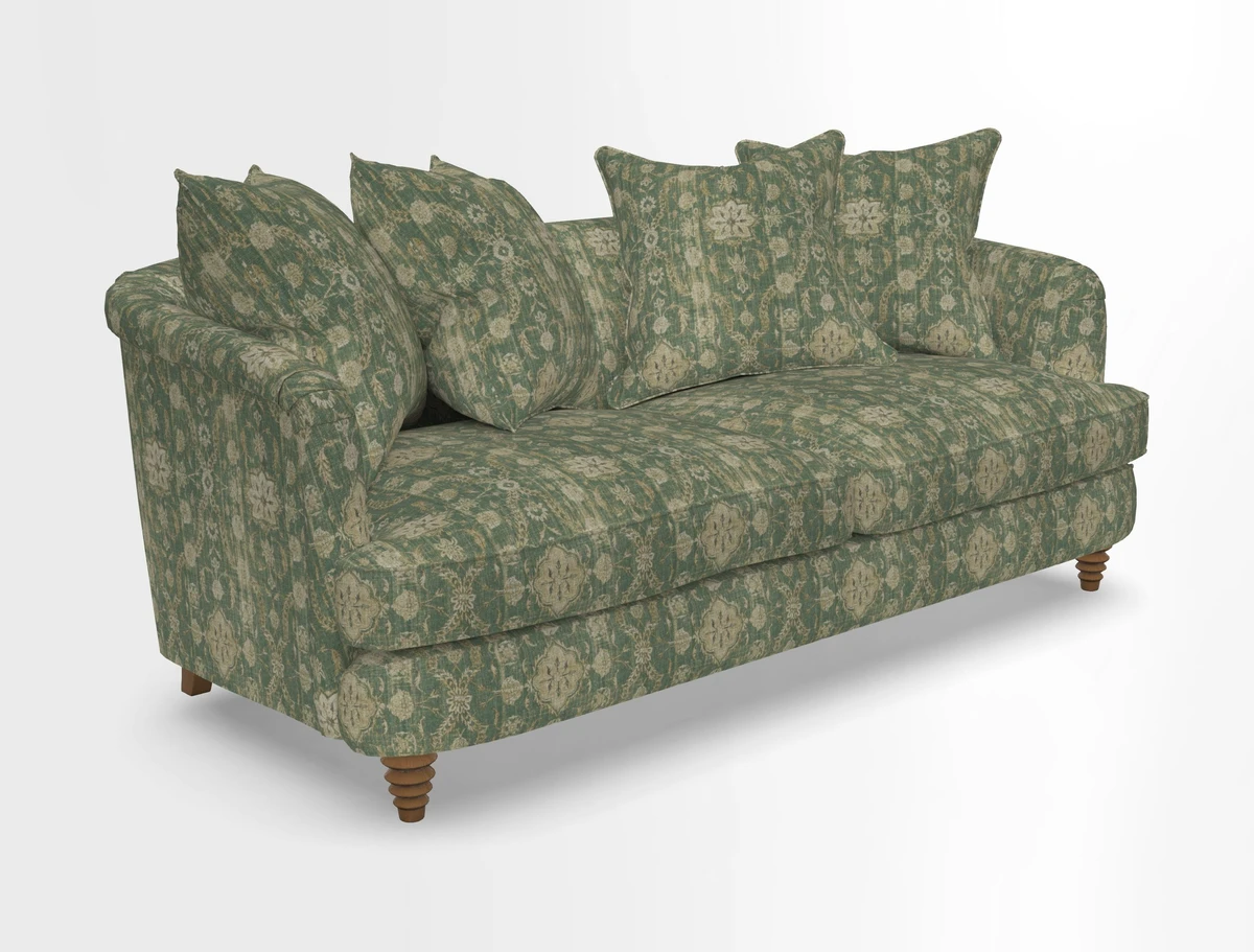 Helmsley 3 Seater Sofa in Mohair Velvet Fir Green with Seat and Back Cushions in RHS Collection Trailing Vine Olive and Small Trailing Ivy Olive