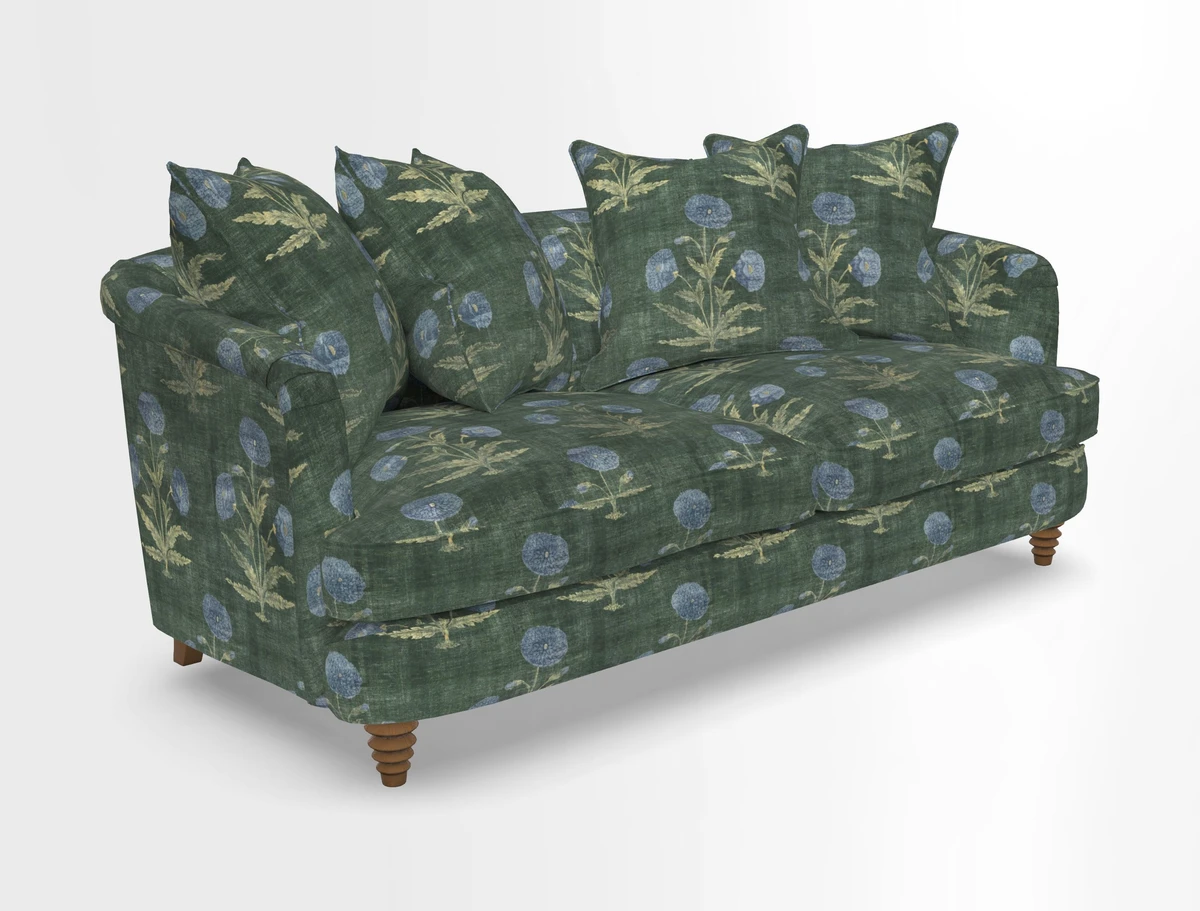 Helmsley 3 Seater Sofa in Mohair Velvet Fir Green with Seat and Back Cushions in RHS Collection Trailing Vine Olive and Small Trailing Ivy Olive