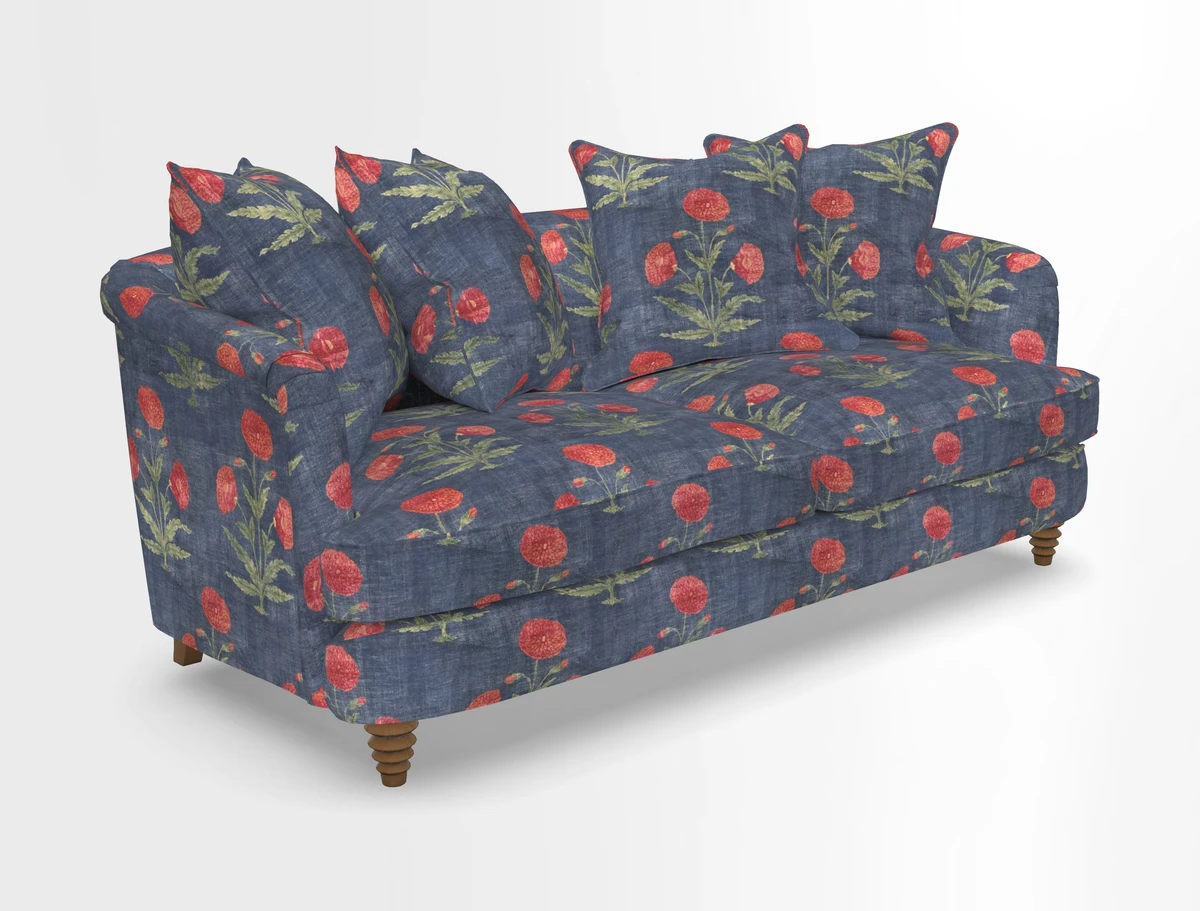 Helmsley 3 Seater Sofa in Mohair Velvet Fir Green with Seat and Back Cushions in RHS Collection Trailing Vine Olive and Small Trailing Ivy Olive