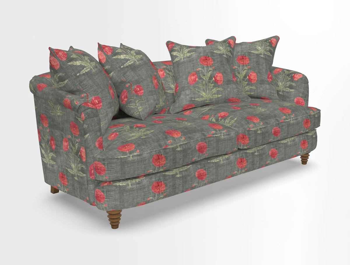 Helmsley 3 Seater Sofa in Mohair Velvet Fir Green with Seat and Back Cushions in RHS Collection Trailing Vine Olive and Small Trailing Ivy Olive