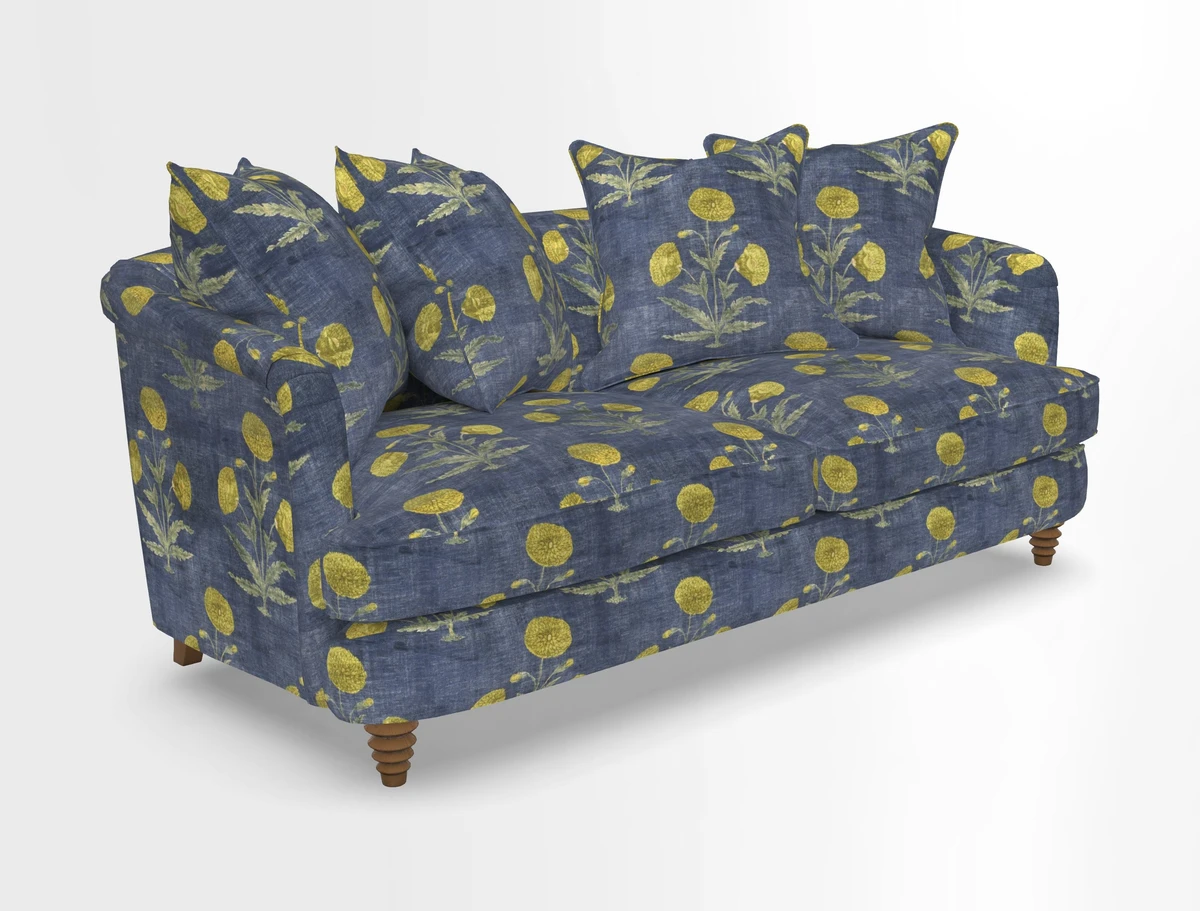 Helmsley 3 Seater Sofa in Mohair Velvet Fir Green with Seat and Back Cushions in RHS Collection Trailing Vine Olive and Small Trailing Ivy Olive