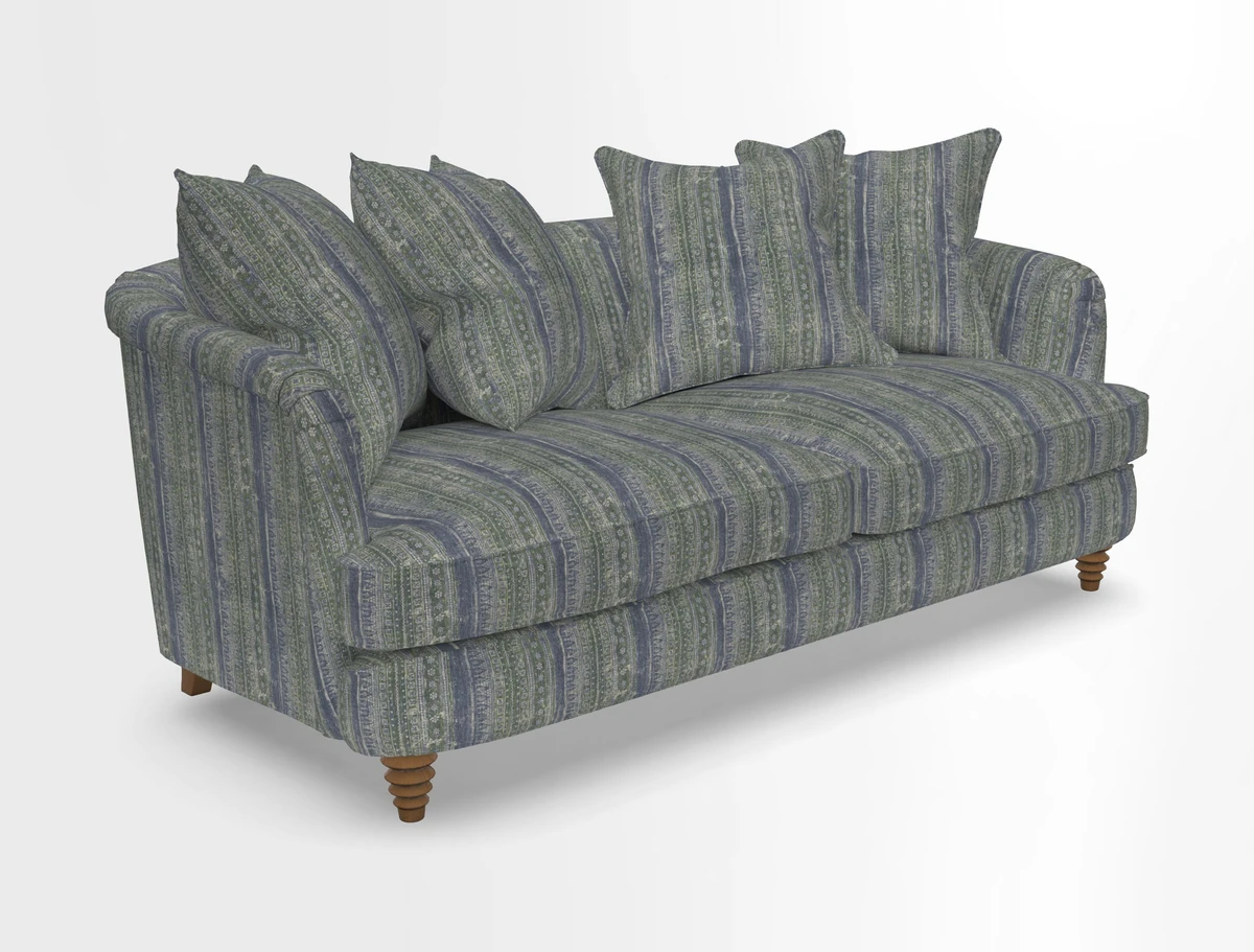 Helmsley 3 Seater Sofa in Mohair Velvet Fir Green with Seat and Back Cushions in RHS Collection Trailing Vine Olive and Small Trailing Ivy Olive