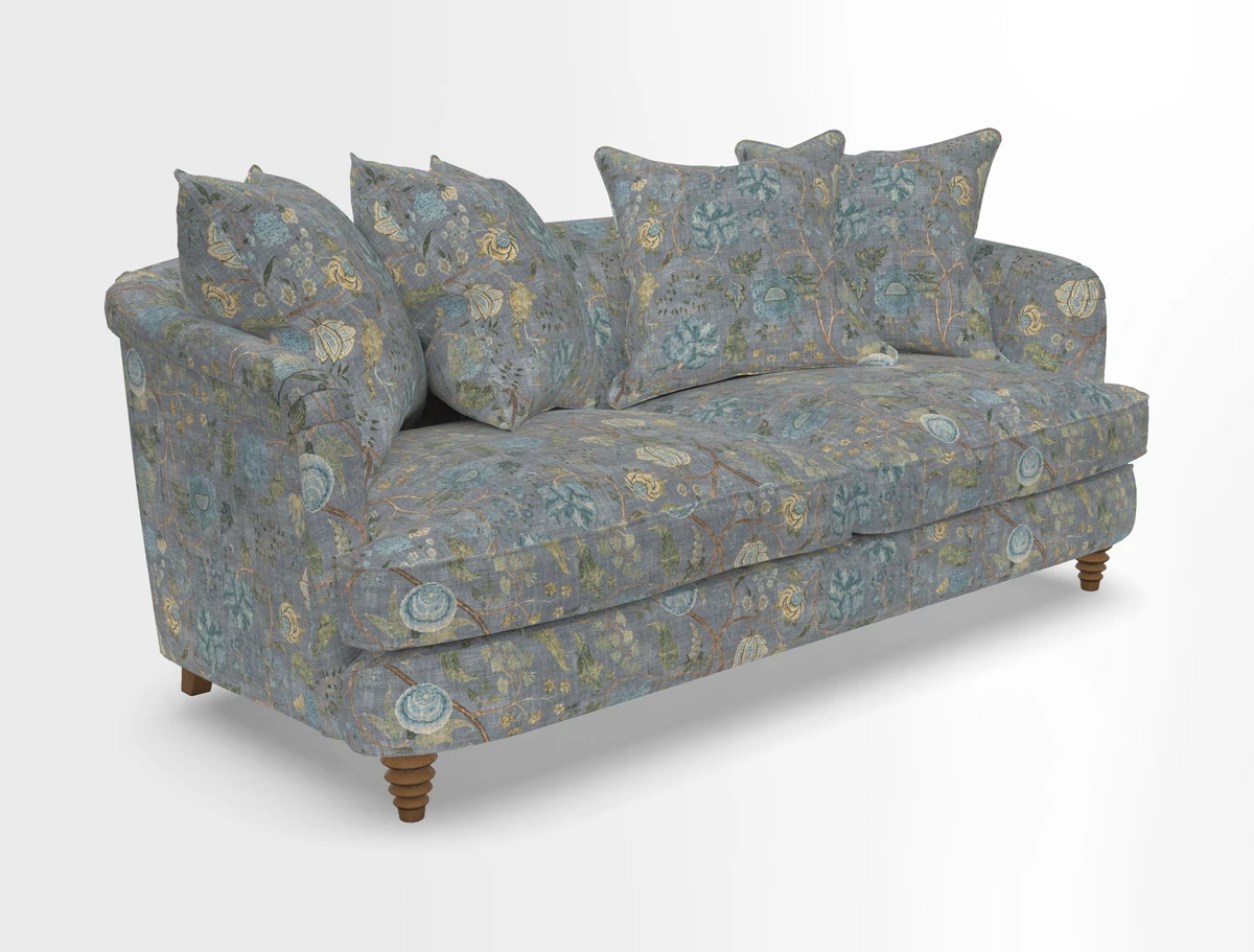 Helmsley 3 Seater Sofa in Mohair Velvet Fir Green with Seat and Back Cushions in RHS Collection Trailing Vine Olive and Small Trailing Ivy Olive