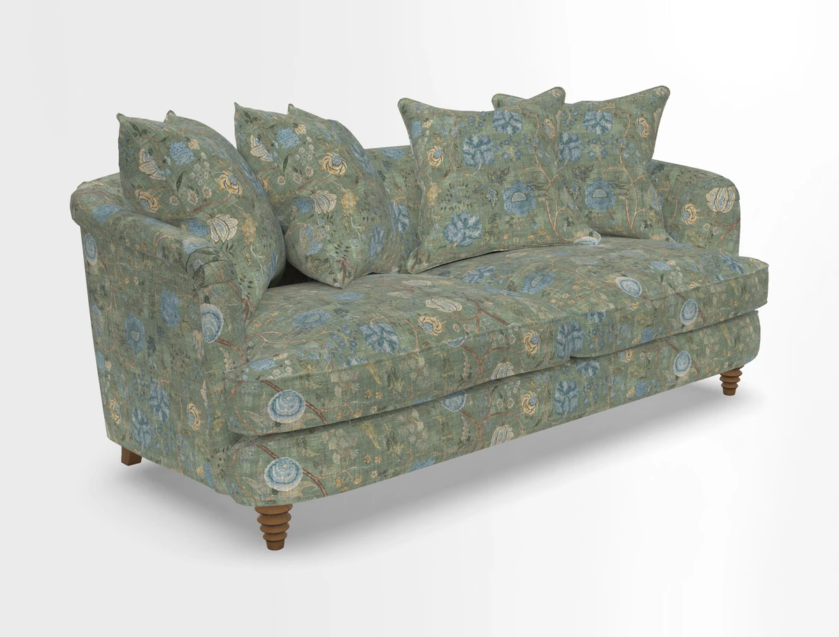 Helmsley 3 Seater Sofa in Mohair Velvet Fir Green with Seat and Back Cushions in RHS Collection Trailing Vine Olive and Small Trailing Ivy Olive
