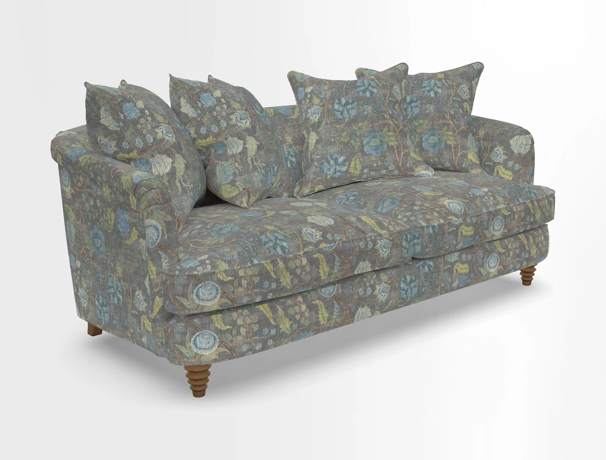 Helmsley 3 Seater Sofa in Mohair Velvet Fir Green with Seat and Back Cushions in RHS Collection Trailing Vine Olive and Small Trailing Ivy Olive