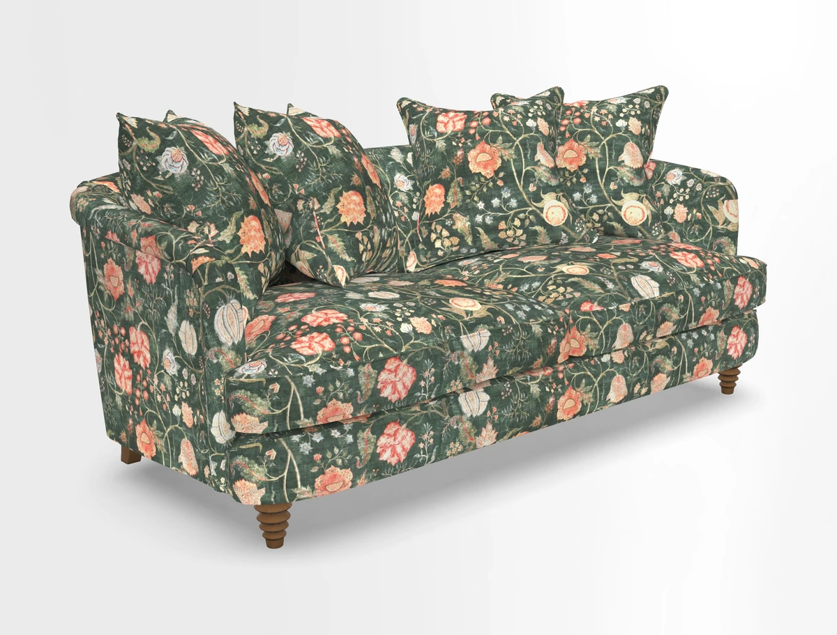 Helmsley 3 Seater Sofa in Mohair Velvet Fir Green with Seat and Back Cushions in RHS Collection Trailing Vine Olive and Small Trailing Ivy Olive