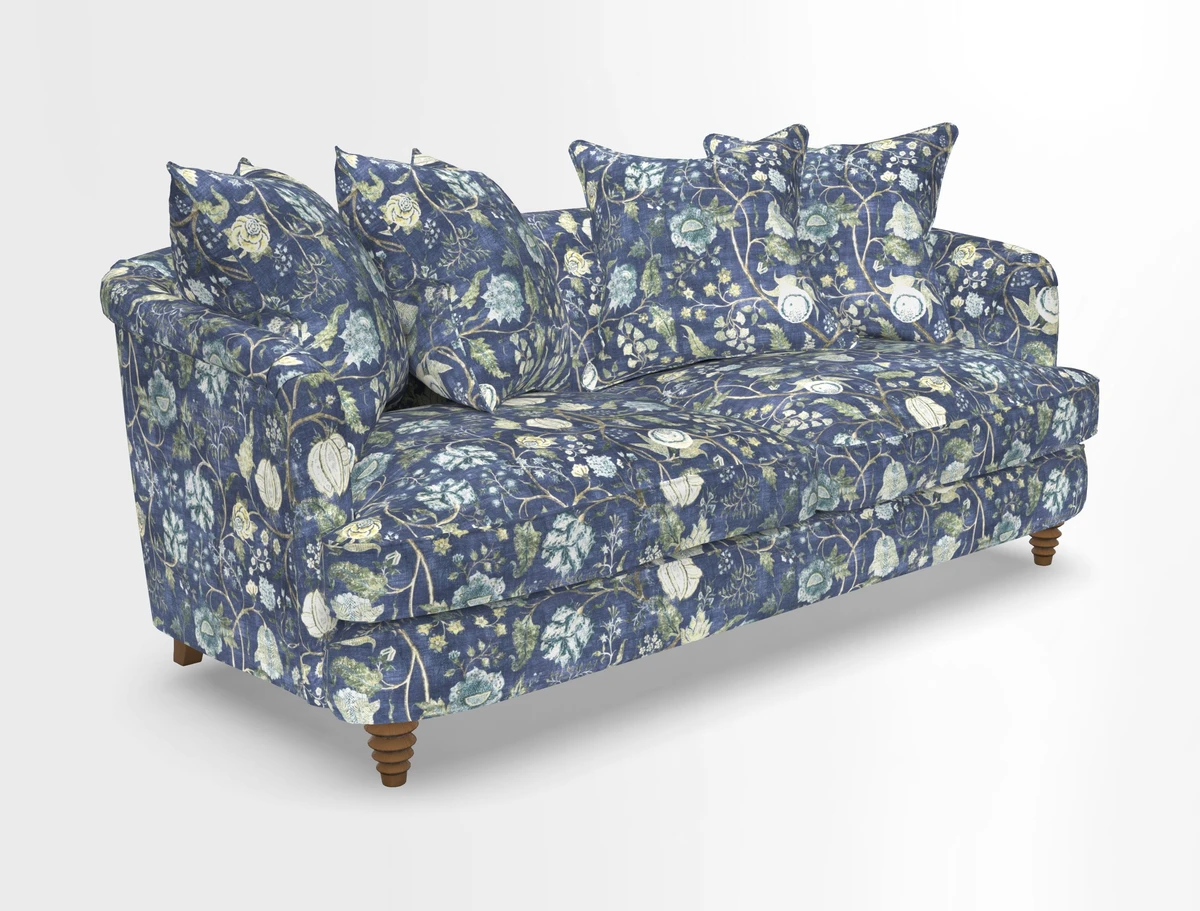 Helmsley 3 Seater Sofa in Mohair Velvet Fir Green with Seat and Back Cushions in RHS Collection Trailing Vine Olive and Small Trailing Ivy Olive