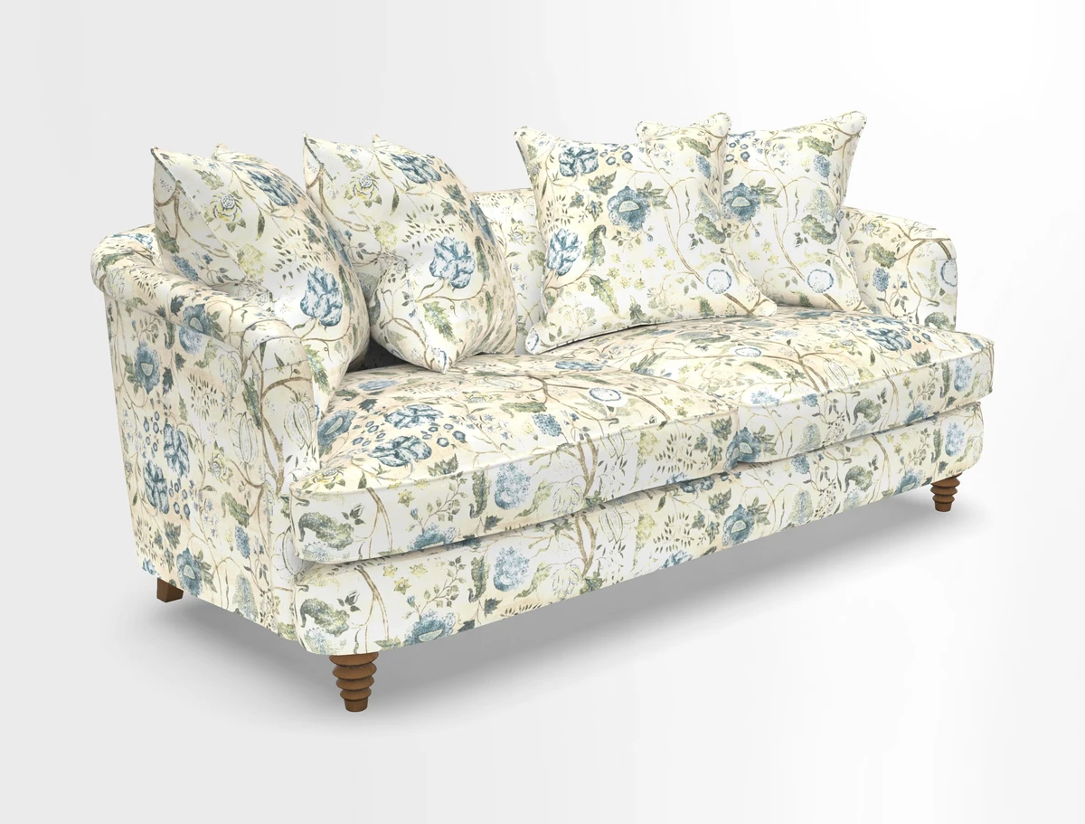 Helmsley 3 Seater Sofa in Mohair Velvet Fir Green with Seat and Back Cushions in RHS Collection Trailing Vine Olive and Small Trailing Ivy Olive