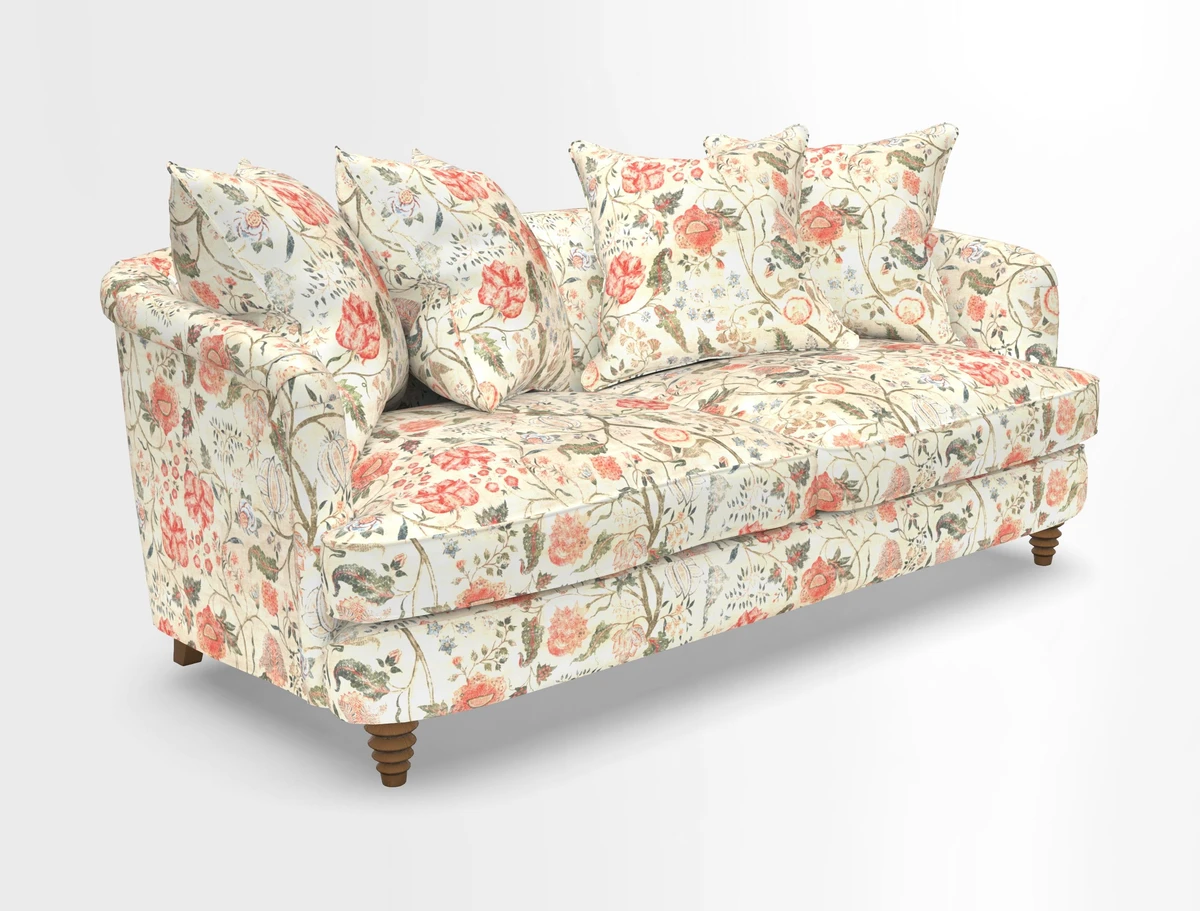 Helmsley 3 Seater Sofa in Mohair Velvet Fir Green with Seat and Back Cushions in RHS Collection Trailing Vine Olive and Small Trailing Ivy Olive