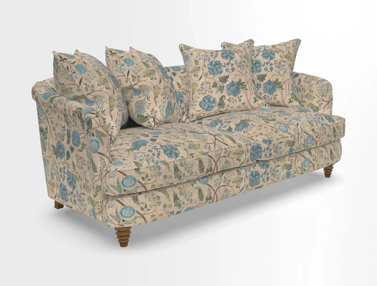 Helmsley 3 Seater Sofa in Mohair Velvet Fir Green with Seat and Back Cushions in RHS Collection Trailing Vine Olive and Small Trailing Ivy Olive