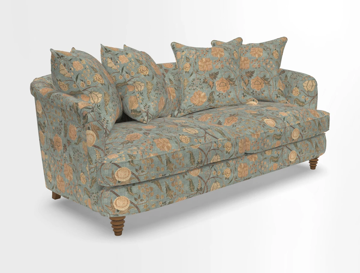 Helmsley 3 Seater Sofa in Mohair Velvet Fir Green with Seat and Back Cushions in RHS Collection Trailing Vine Olive and Small Trailing Ivy Olive