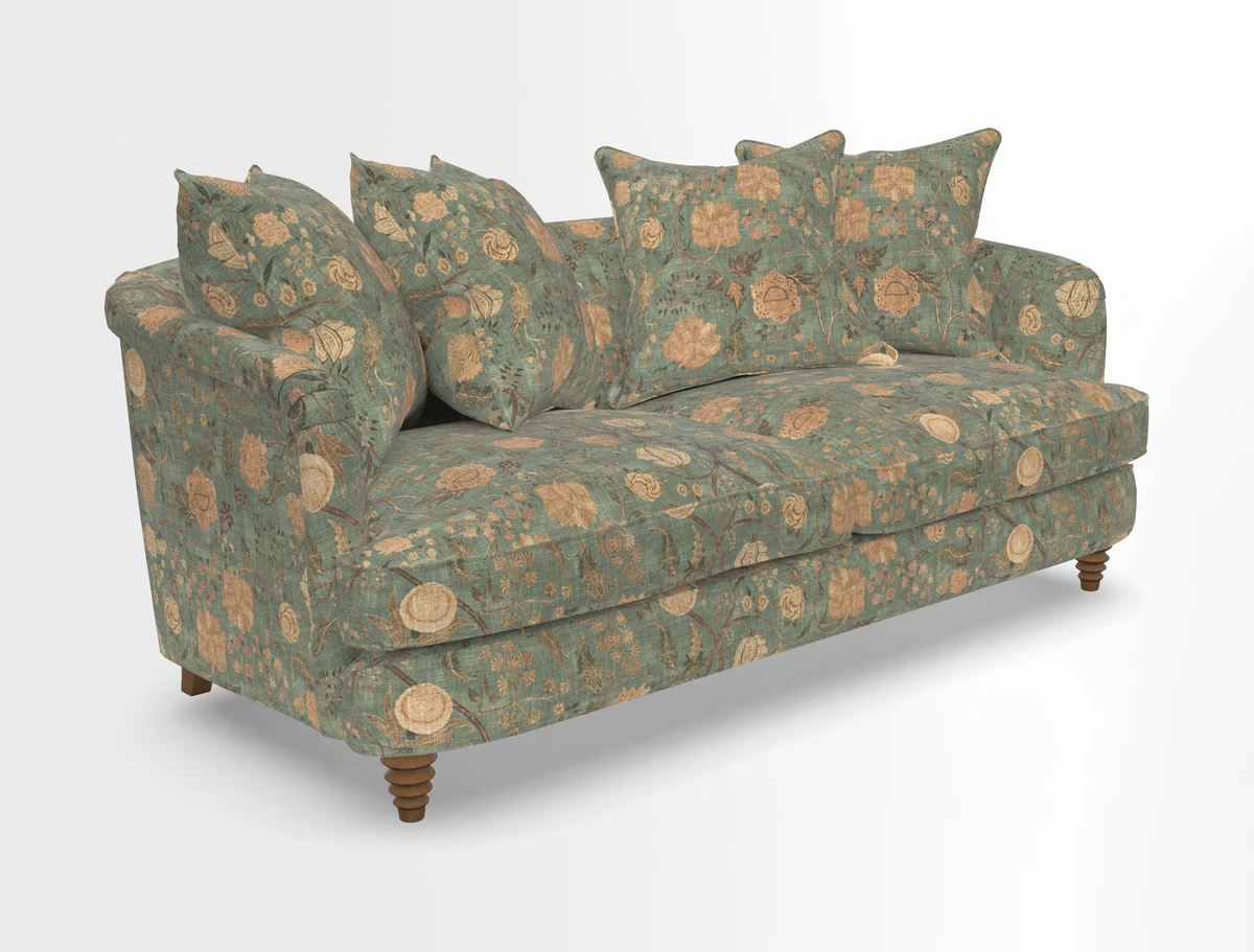Helmsley 3 Seater Sofa in Mohair Velvet Fir Green with Seat and Back Cushions in RHS Collection Trailing Vine Olive and Small Trailing Ivy Olive