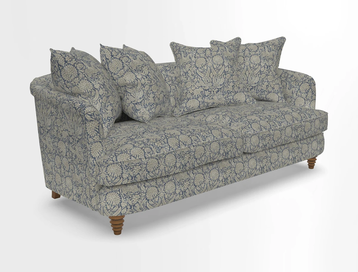 Helmsley 3 Seater Sofa in Mohair Velvet Fir Green with Seat and Back Cushions in RHS Collection Trailing Vine Olive and Small Trailing Ivy Olive