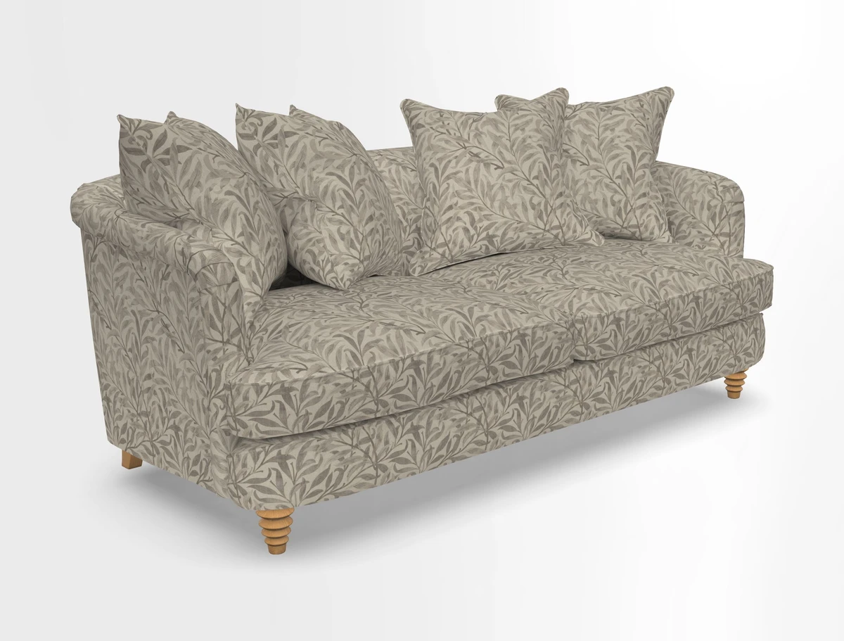 Helmsley 3 Seater Sofa in Mohair Velvet Fir Green with Seat and Back Cushions in RHS Collection Trailing Vine Olive and Small Trailing Ivy Olive