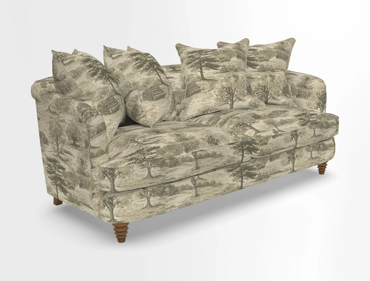 Helmsley 3 Seater Sofa in Mohair Velvet Fir Green with Seat and Back Cushions in RHS Collection Trailing Vine Olive and Small Trailing Ivy Olive