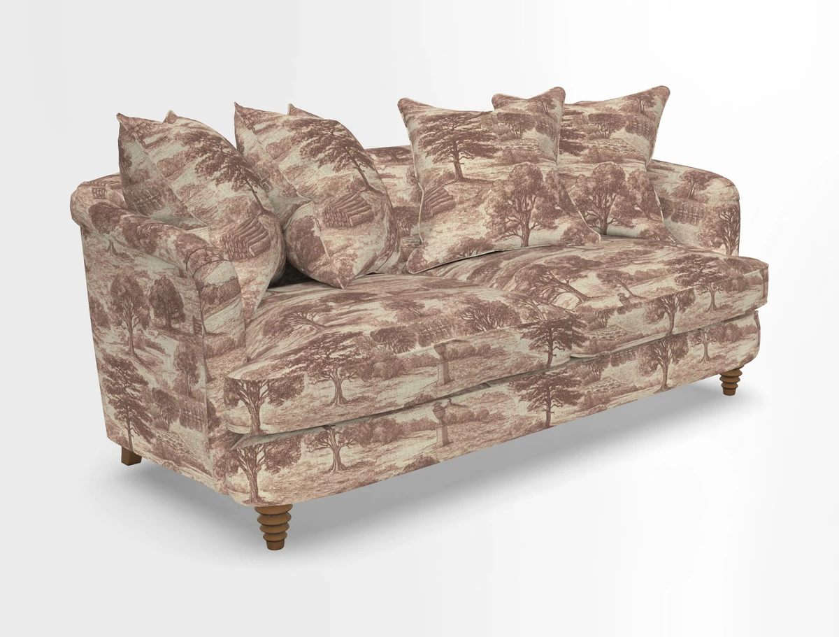 Helmsley 3 Seater Sofa in Mohair Velvet Fir Green with Seat and Back Cushions in RHS Collection Trailing Vine Olive and Small Trailing Ivy Olive