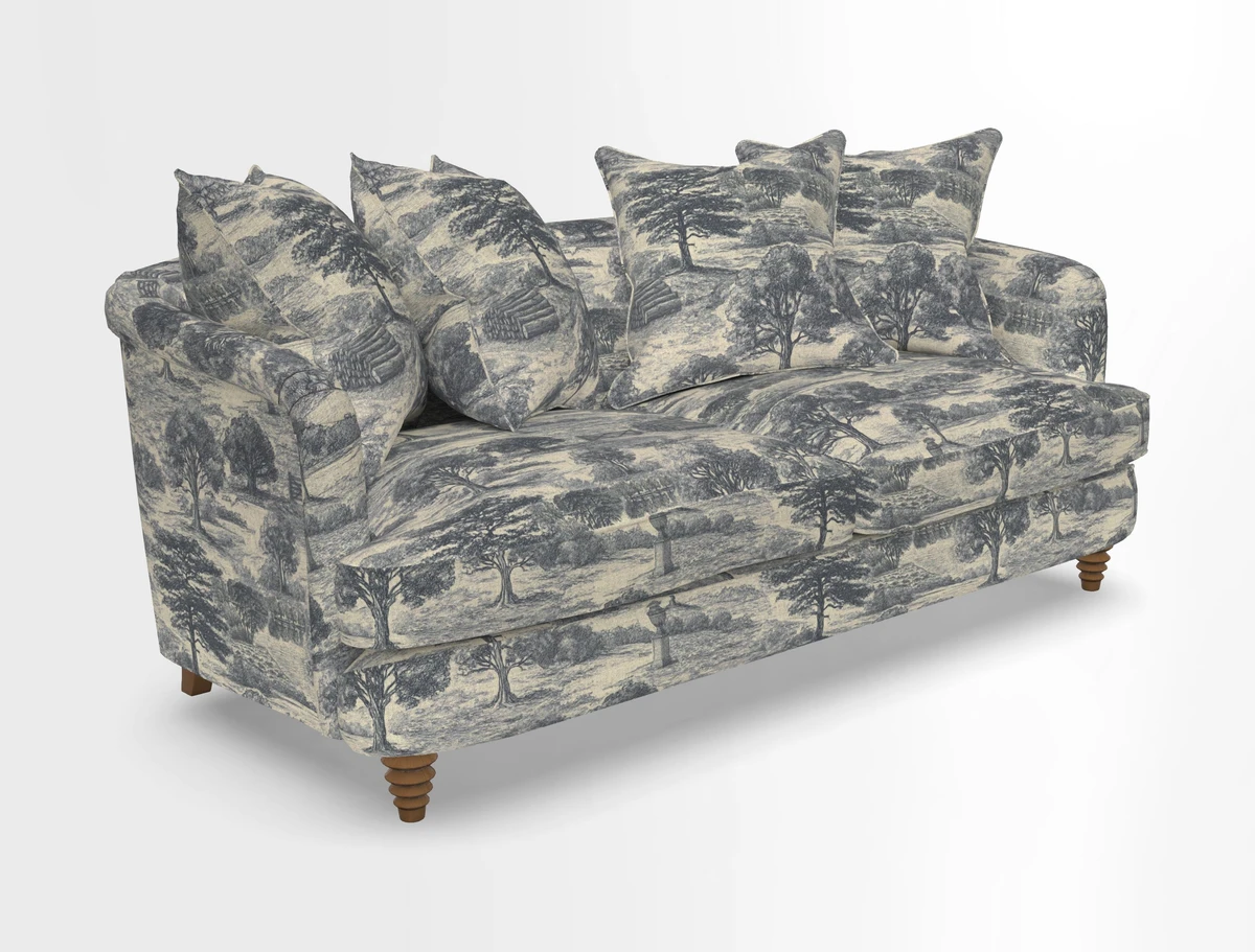 Helmsley 3 Seater Sofa in Mohair Velvet Fir Green with Seat and Back Cushions in RHS Collection Trailing Vine Olive and Small Trailing Ivy Olive
