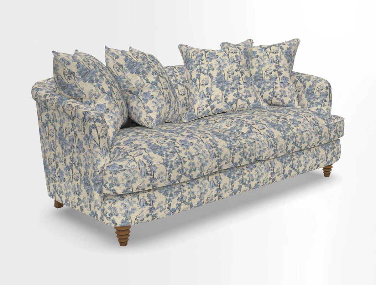 Helmsley 3 Seater Sofa in Mohair Velvet Fir Green with Seat and Back Cushions in RHS Collection Trailing Vine Olive and Small Trailing Ivy Olive