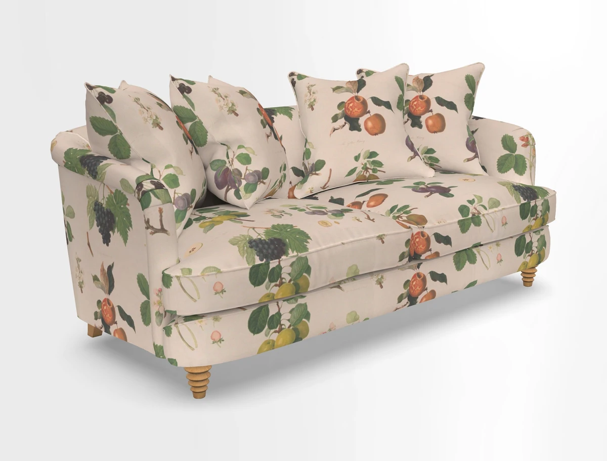 Helmsley 3 Seater Sofa in Mohair Velvet Fir Green with Seat and Back Cushions in RHS Collection Trailing Vine Olive and Small Trailing Ivy Olive