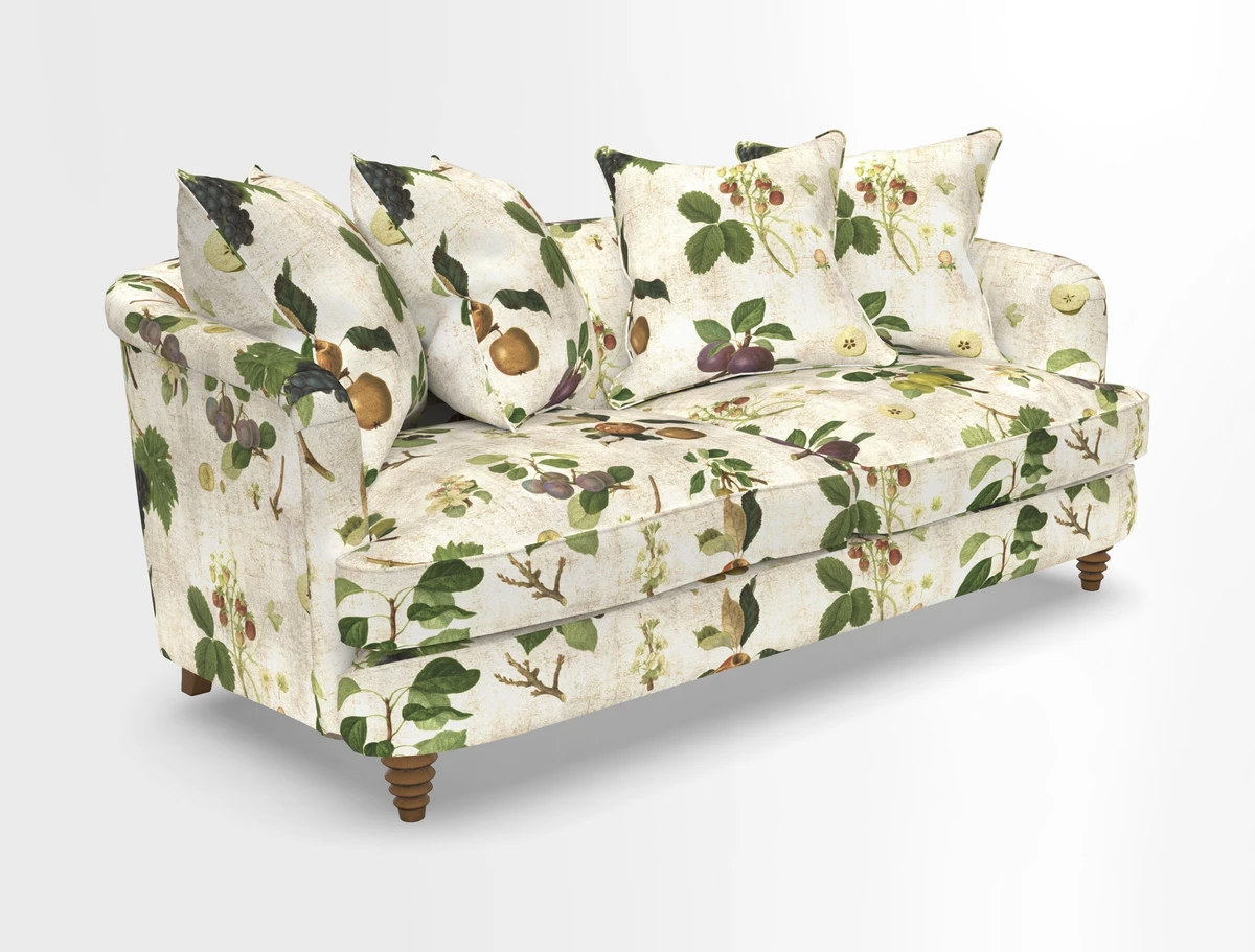 Helmsley 3 Seater Sofa in Mohair Velvet Fir Green with Seat and Back Cushions in RHS Collection Trailing Vine Olive and Small Trailing Ivy Olive