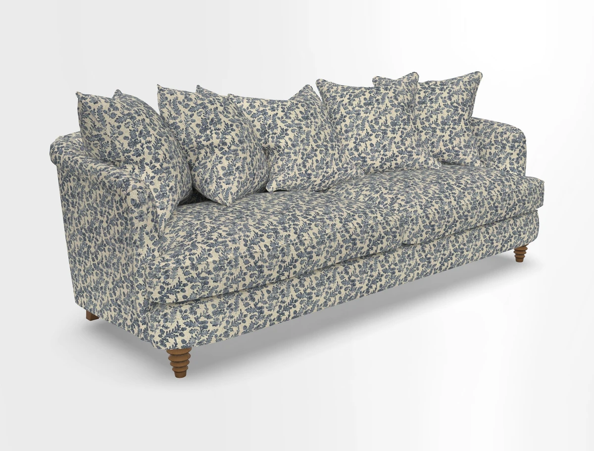 Helmsley Sofa in Mohair Velvet Fir Green with Seat and Back Cushions in RHS Collection Trailing Vine Olive and Small Trailing Ivy Olive