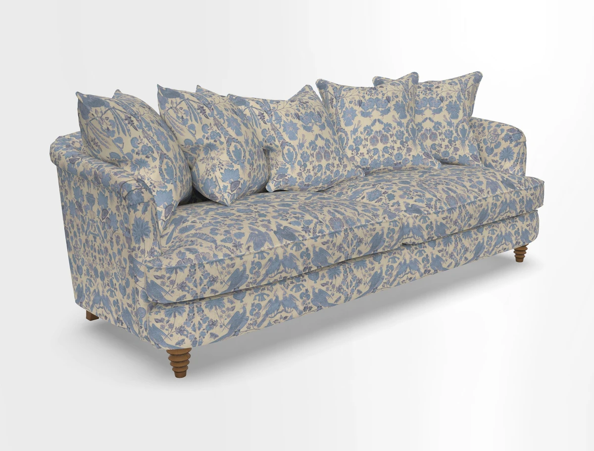 Helmsley Sofa in Mohair Velvet Fir Green with Seat and Back Cushions in RHS Collection Trailing Vine Olive and Small Trailing Ivy Olive
