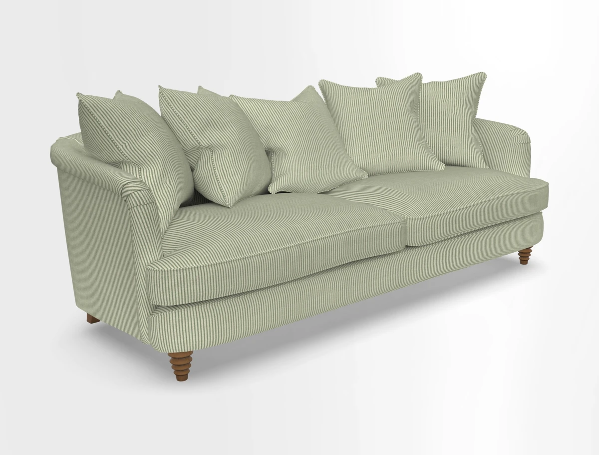 Helmsley Sofa in Mohair Velvet Fir Green with Seat and Back Cushions in RHS Collection Trailing Vine Olive and Small Trailing Ivy Olive