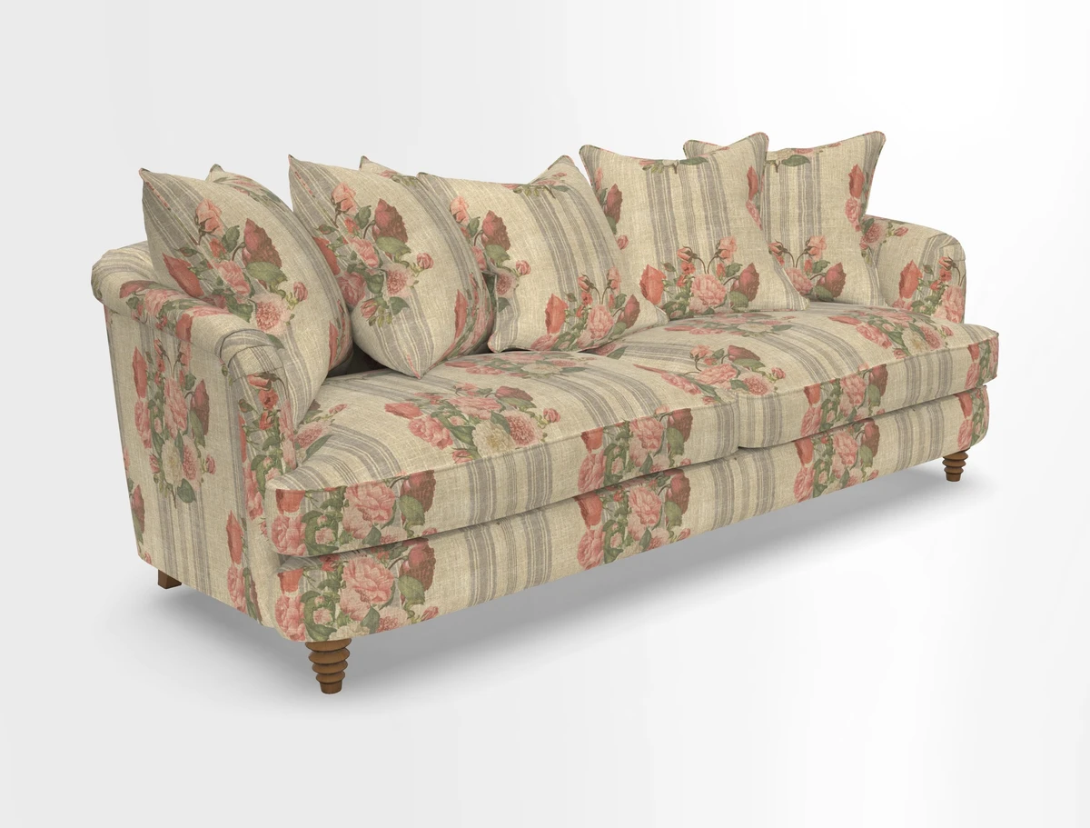 Helmsley Sofa in Mohair Velvet Fir Green with Seat and Back Cushions in RHS Collection Trailing Vine Olive and Small Trailing Ivy Olive