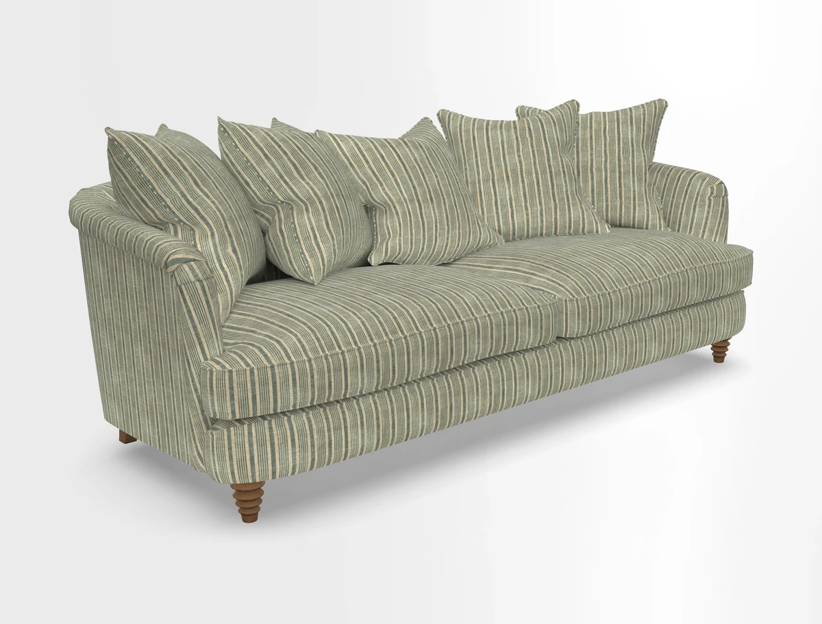 Helmsley Sofa in Mohair Velvet Fir Green with Seat and Back Cushions in RHS Collection Trailing Vine Olive and Small Trailing Ivy Olive