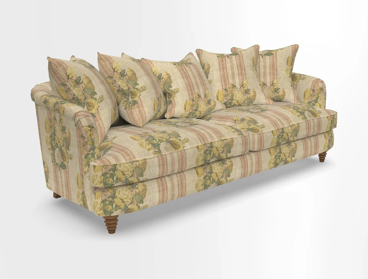 Helmsley Sofa in Mohair Velvet Fir Green with Seat and Back Cushions in RHS Collection Trailing Vine Olive and Small Trailing Ivy Olive