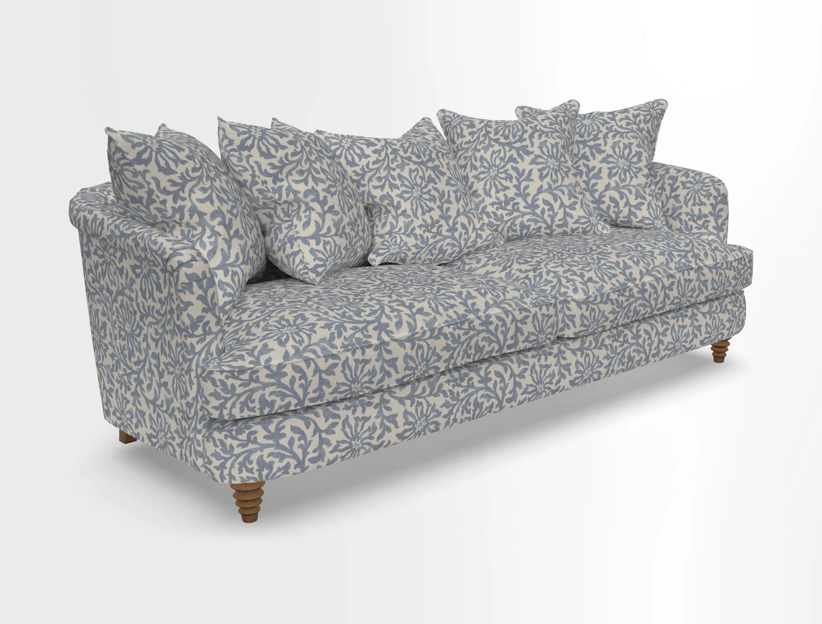 Helmsley Sofa in Mohair Velvet Fir Green with Seat and Back Cushions in RHS Collection Trailing Vine Olive and Small Trailing Ivy Olive