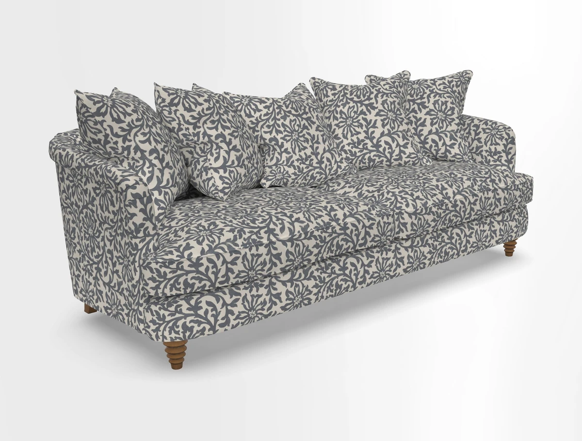 Helmsley Sofa in Mohair Velvet Fir Green with Seat and Back Cushions in RHS Collection Trailing Vine Olive and Small Trailing Ivy Olive