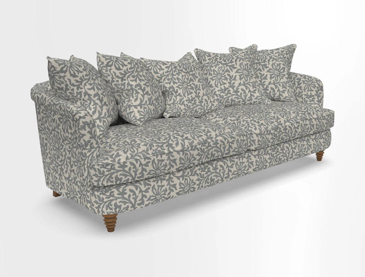 Helmsley Sofa in Mohair Velvet Fir Green with Seat and Back Cushions in RHS Collection Trailing Vine Olive and Small Trailing Ivy Olive