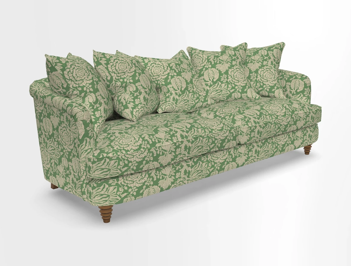 Helmsley Sofa in Mohair Velvet Fir Green with Seat and Back Cushions in RHS Collection Trailing Vine Olive and Small Trailing Ivy Olive